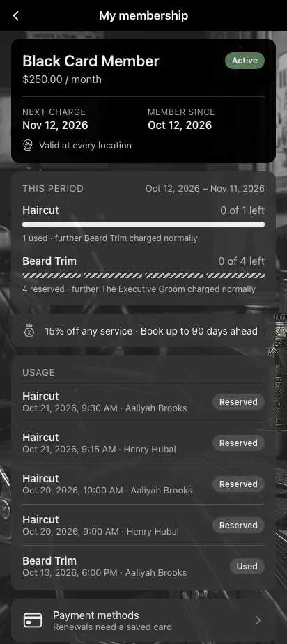 Schermata Il mio abbonamento nell'app brandizzata di un barbershop